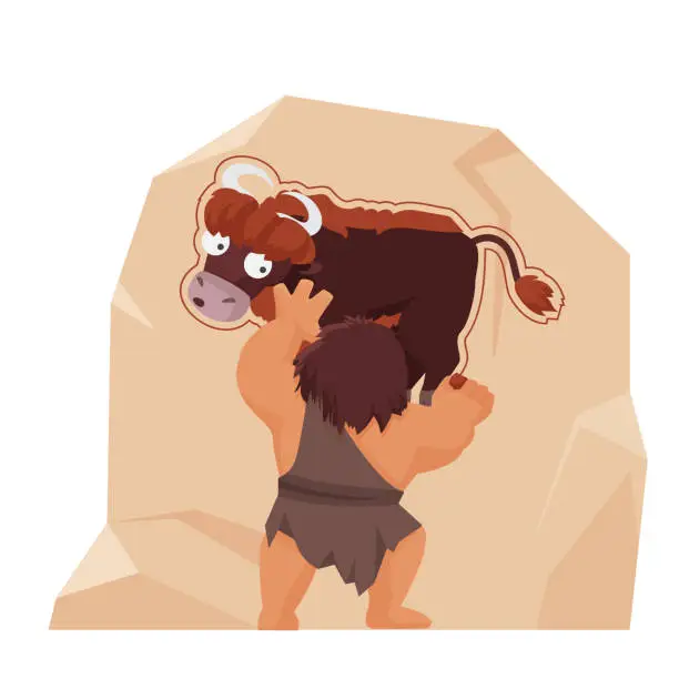 Vector illustration of Caveman drawing cow on rock