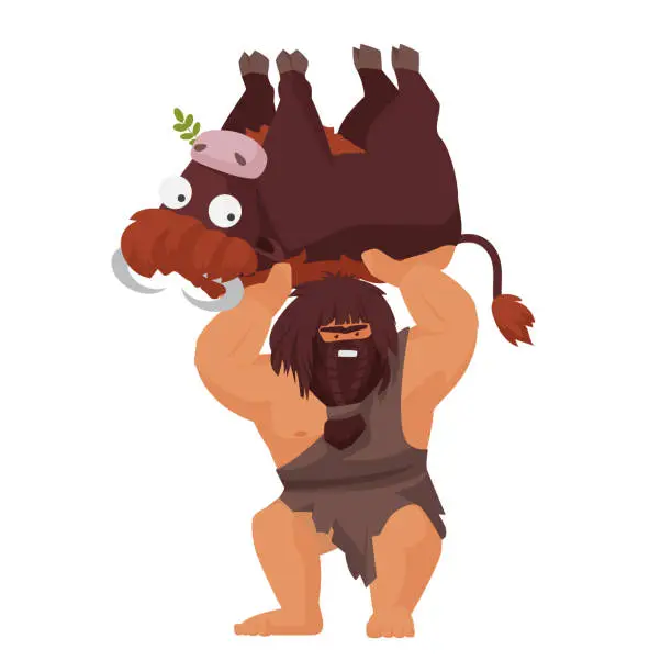 Vector illustration of Strong caveman holds a cow