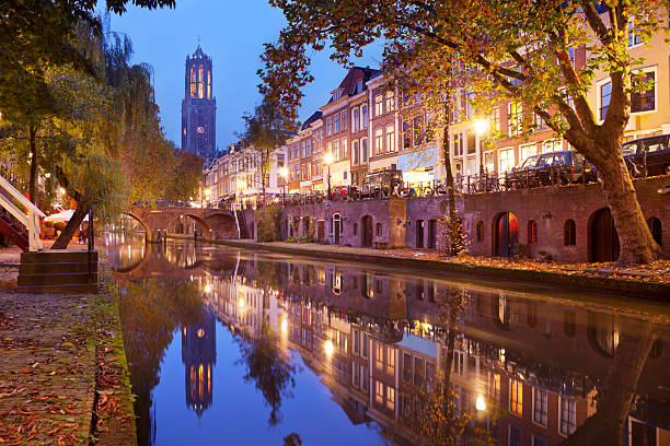 Dom tower in Utrecht, The Netherlands at night stock photo