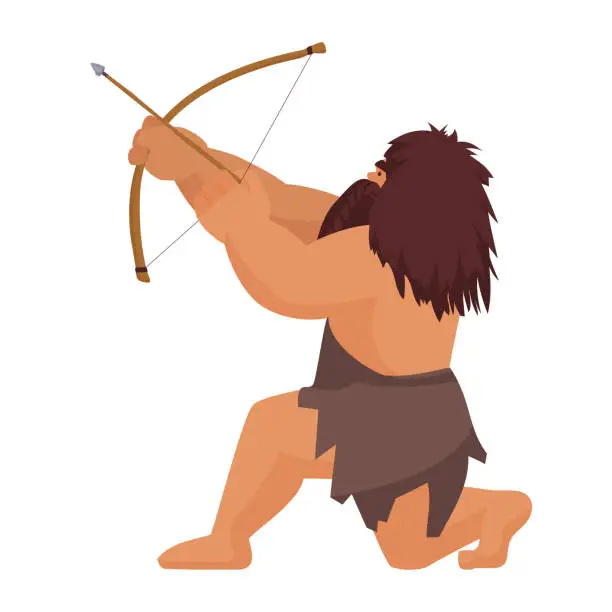 Vector illustration of Caveman hunting with bow