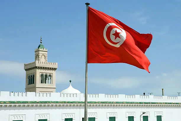 "Tunisia, Tunis, Town Hall square, the Tunisian flag"