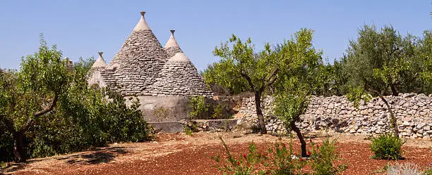 "A very old traditional trullo building by its plot of land cultivated with olive trees in Puglia, southern Italy, where the soil is characterized by a reddish color for its clayey composition; beautiful colors typical of the region"