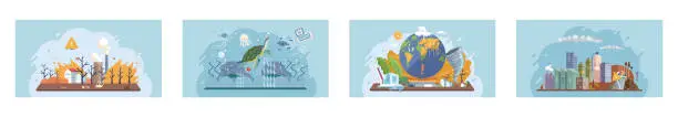 Vector illustration of Climate change with weather global greenhouse warming risks