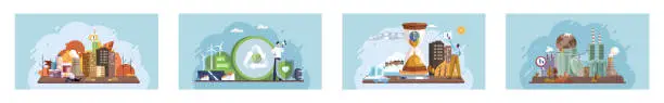 Vector illustration of Global warming set. Climate change. Earth day. Eco activist. Ecological catastrophy. Earth with reasons of destroying