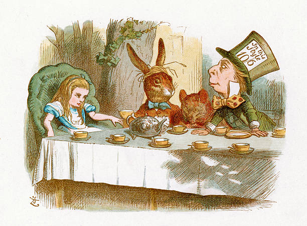 The Mad Hatter's Tea Party "The Mad Hatter's Tea Party, from the Lewis Carroll Story Alice in Wonderland, Illustration by Sir John Tenniel 1871" john tenniel stock illustrations