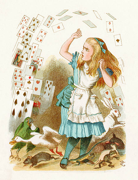 Alice in Wonderland "The Shower of Cards, from the Lewis Carroll Story Alice in Wonderland, Illustration by Sir John Tenniel 1871" alice in wonderland stock illustrations