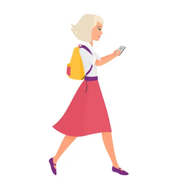 Vector illustration of Walking student girl with smartphone