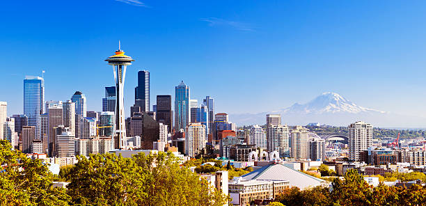 Seattle skyline with Mt Rainier in distance stock photo