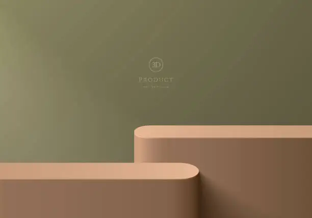 Vector illustration of Podium 3D background with realistic round stand product display set in brown and green color. Platforms mockup product display presentation. Abstract composition in minimal design. Stage showcase.