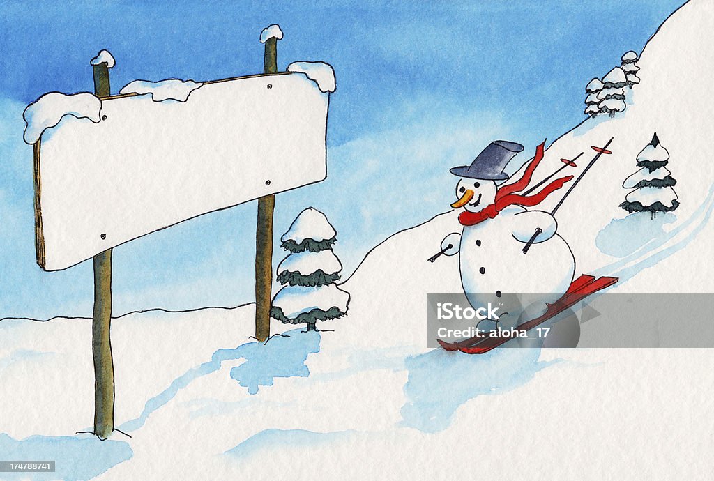 Descente Bonhomme de neige avec panneau vide - Photo de Aquarelle libre de droits