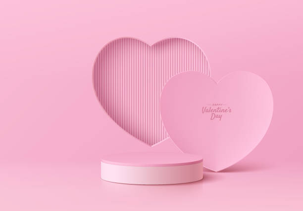 istock Valentine podium 3D background with pink cylinder pedestal and pastel hearts shape backdrop wall scene. Abstract composition in minimal design. Platforms cosmetic product presentation. Stage showcase. 1747889595