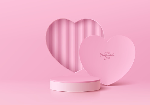 Valentine podium 3D background with pink cylinder pedestal and pastel hearts shape backdrop wall scene. Abstract composition in minimal design. Platforms cosmetic product presentation. Stage showcase.