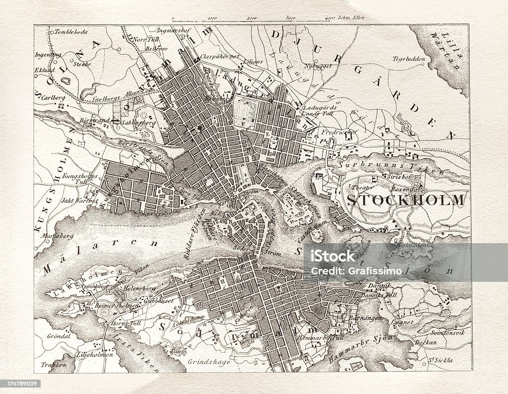 Gravieren antike Karte von Stockholm, Schweden von 1851 - Lizenzfrei 18. Jahrhundert Stock-Illustration