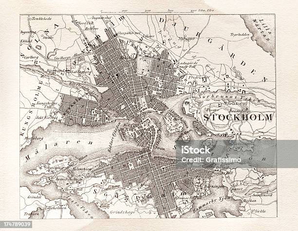 Grawerunek Antyczny Mapa Stockholm Szwecja W 1851 Roku - Stockowe grafiki wektorowe i więcej obrazów Bez ludzi