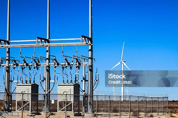 Power Collection Grid Substation And Wind Turbine Stock Photo - Download Image Now - Electrical Grid, Texas, Grid Pattern