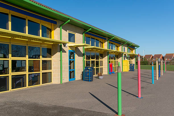 School building, UK infant/junior 5-11years "School building in Kent, UK, this type of school is for infant/junior children aged 5-11years old" preschool building stock pictures, royalty-free photos & images