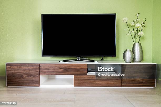 Modern Living Room With 55 Inch Tv And Accessories Stock Photo - Download Image Now - Television Set, Living Room, Flat Screen
