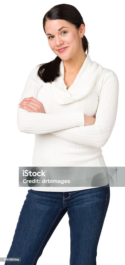 Satisfied Woman Standing With Arms Crossed Portrait of a woman on a white background.  Confidence Stock Photo