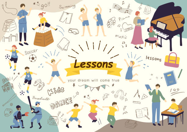 illustrationen von kindern, die sich an außerschulischen aktivitäten erfreuen - sheet music music classroom education stock-grafiken, -clipart, -cartoons und -symbole