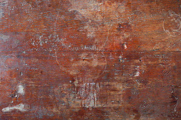 istock Very old wooden desk background. 174789851