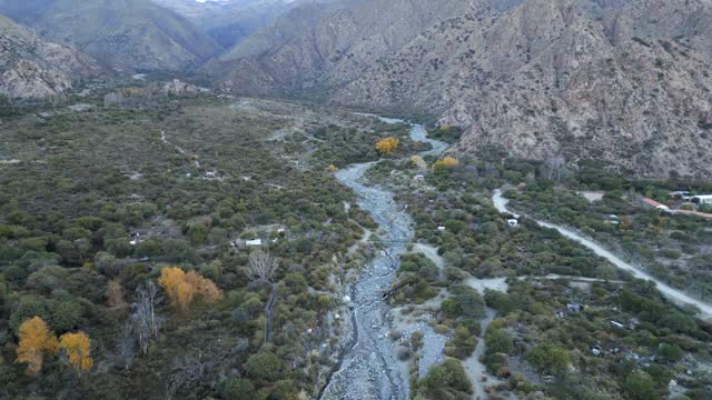 Wild landscape of Cafayate in the northern region of Argentina, Dry creek near Quebrada del Colorado canyon near Cafayate, Aerial