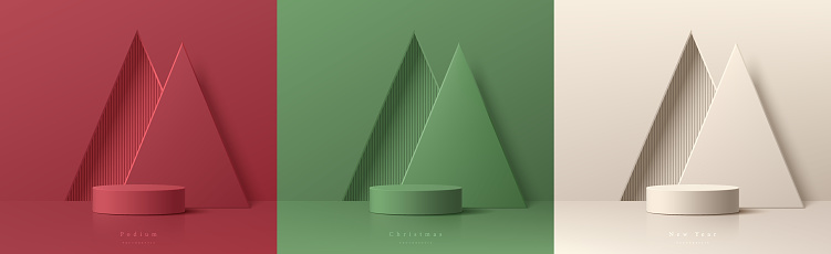 Set of 3D abstract background with red, cream, green realistic cylinder podium. Triangles christmas tree on triangles gate. Vector mockup product display. New year minimal wall scene. Stage showcase.