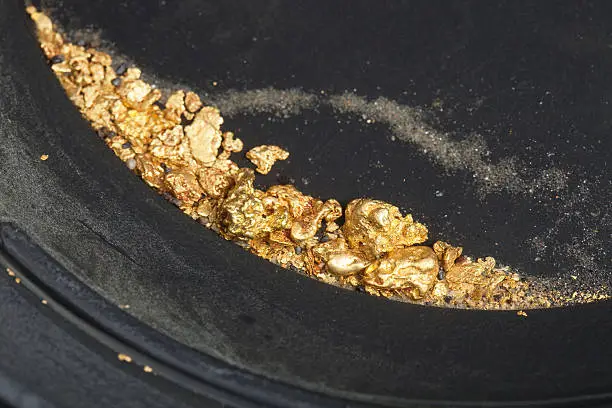 A large quantity of gold nuggets and flakes rest in the bottom of a pan covered with water. There is some remaining sand and small pebbles at the bottom of the pan and debris floating on top of the water. The ridge in the lower left is part of the specialized pan and aids in catching gold while washing away sand.