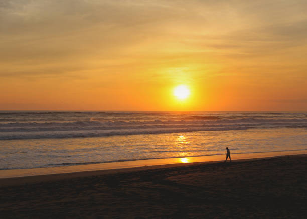 Fulll frame shot of one unrecognizable person walking in empty Bali beach during sunset