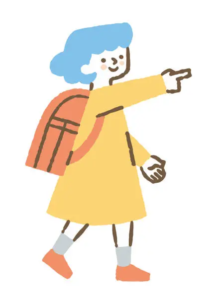 Vector illustration of Girl pointing with school bag on her back_Color