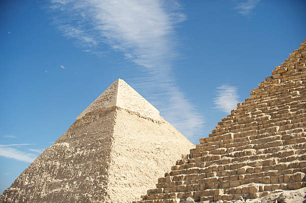 Great Pyramids of Giza Egypt Close Up Close-up view of structure of Great Pyramids of Giza Egypt under bright blue sky pyramid giza pyramids close up egypt stock pictures, royalty-free photos & images