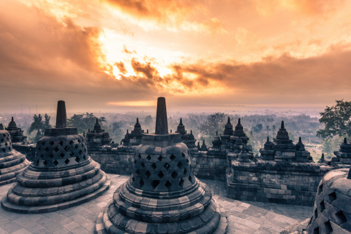 Sunrise on Borobudur temple the biggest buddhist monument of Asia