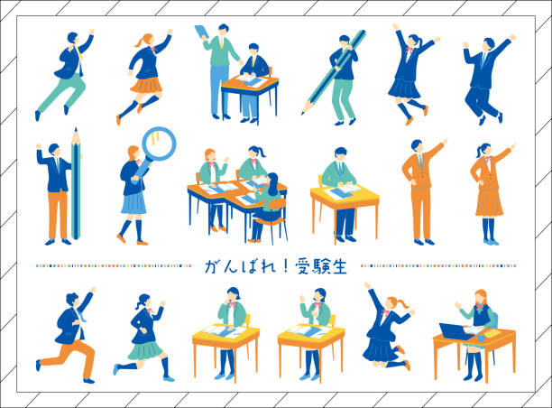 uczniowie ciężko pracujący nad egzaminami - japanese flag flag japan japanese culture stock illustrations