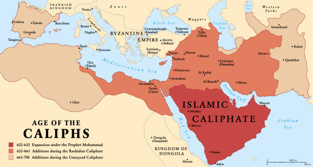 The age of the Caliphs, history map of the Islamic Caliphate 622 to 750 The age of the Caliphs, history map of the Islamic Caliphate from 622 to 750. The expansion under the Prophet Mohammad, with additions during the Rashidun Caliphate and the Umayyad Caliphate. Vector. levant map stock illustrations