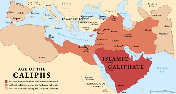 Vector illustration of The age of the Caliphs, history map of the Islamic Caliphate 622 to 750