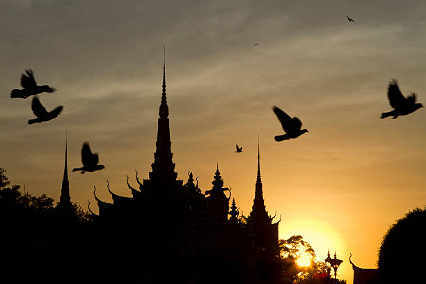 Sunset view of the Royal Palace in Phnom Penh in Cambodia with flying birds.SOUTH EAST ASIA TRAVEL COLLECTION LIGHTBOX BELOW:
