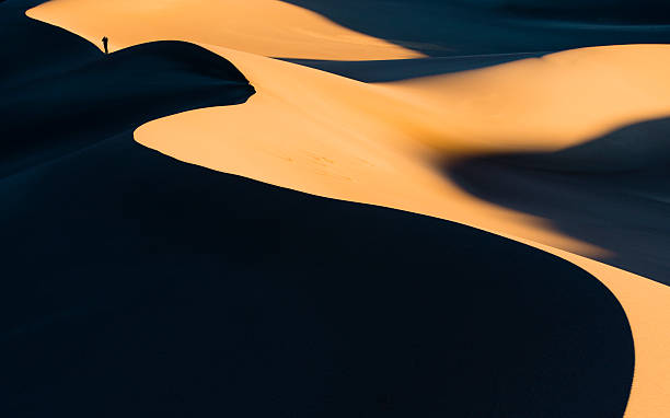 Hiker in Desert Sand Dunes at Sunset