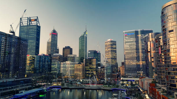 Aerial view of Perth skyline from Elisabeth Quay at sunset, Western Australia