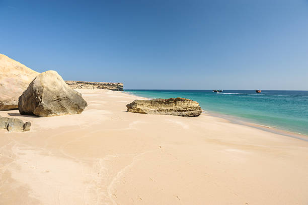 Sandy beach of Oman Ras al-Jinz beach, Oman. Ras al-Jinz located in Oman, is the easternmost point of the Arabian Peninsula. It is a nesting site for green turtles, as also is the beach at the local village of Ras al Hadd wadi shab stock pictures, royalty-free photos & images