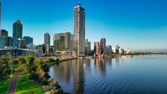 Panoramic view of lemon scented gum trees and Perth Central Business District from Kings Park, Perth, Australia on 25 October 2019