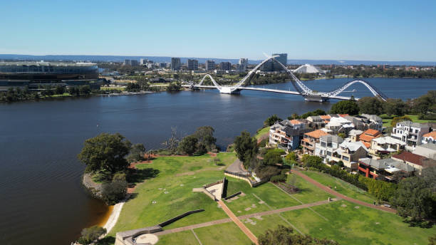Aerial view of Matagarup Bridge and Swan River in Perth