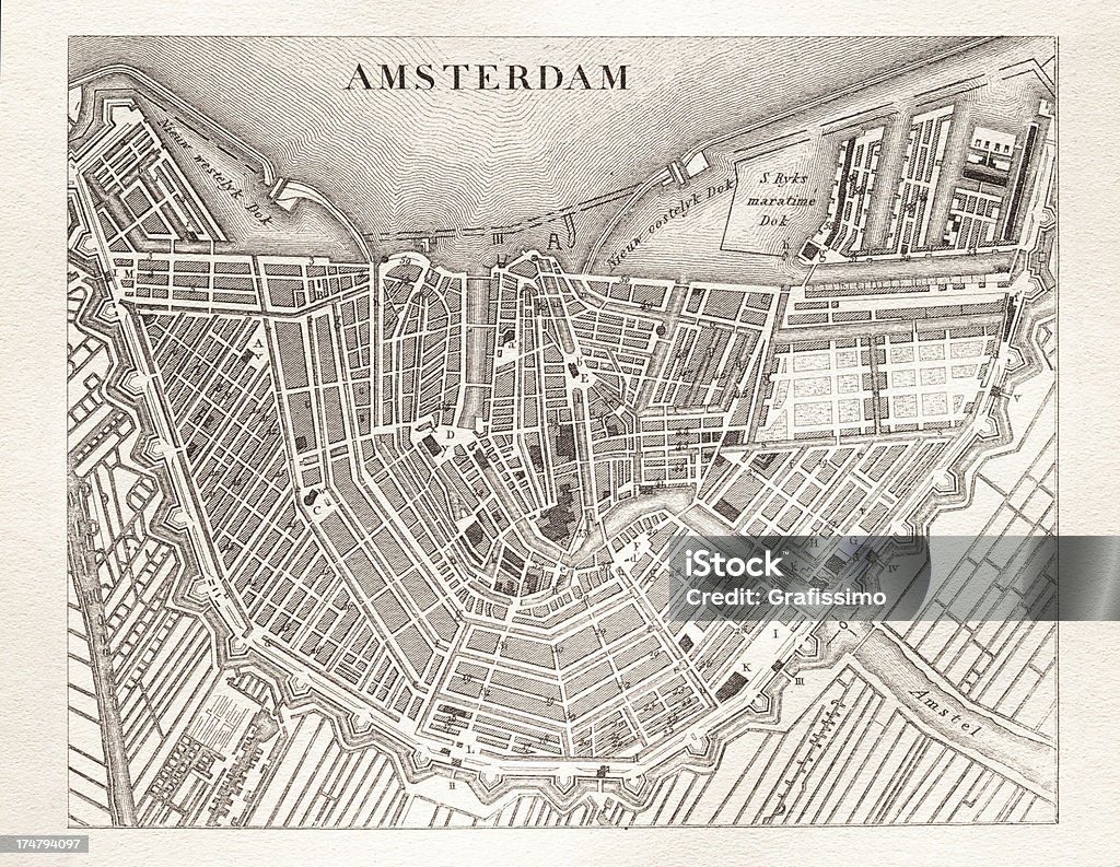 Gravure ancienne carte d'Amsterdam aux Pays-Bas depuis 1851 - Illustration de Amsterdam libre de droits