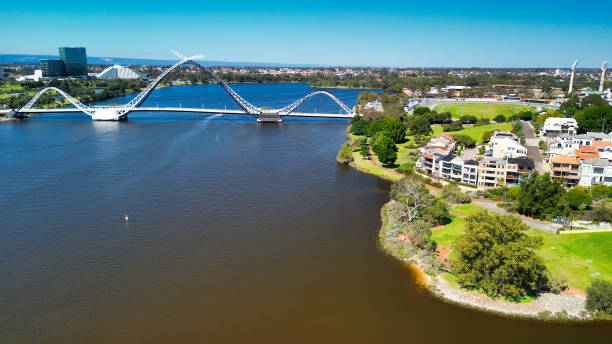 istock Aerial view of Matagarup Bridge and Swan River in Perth 1747942014