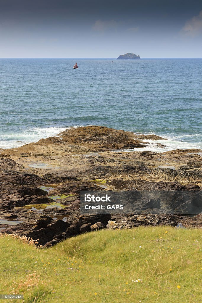 Cornish coves and cliffs at Trebetherick Point "coves and and cliffs at Trebetherick Point, between Rock and Polzeath, along the Cornish coast; Gwithian, United Kingdom" Atlantic Ocean Stock Photo