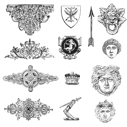 Collection of vintage design elements from the 1870s