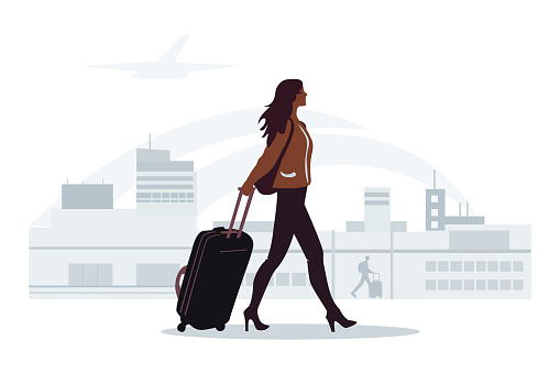 Woman with the trolley bag in the airport. Business trip. Young people traveling around world. Cartoon vector flat illustration concept.