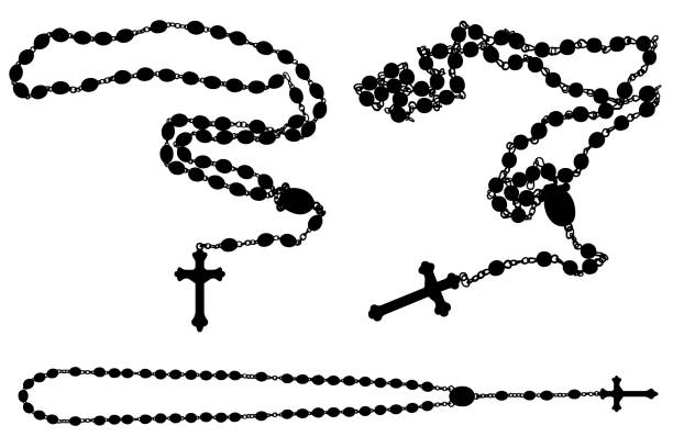 Set of different rosaries Set of different rosaries isolated on white silhouette of black jesus on the cross stock illustrations