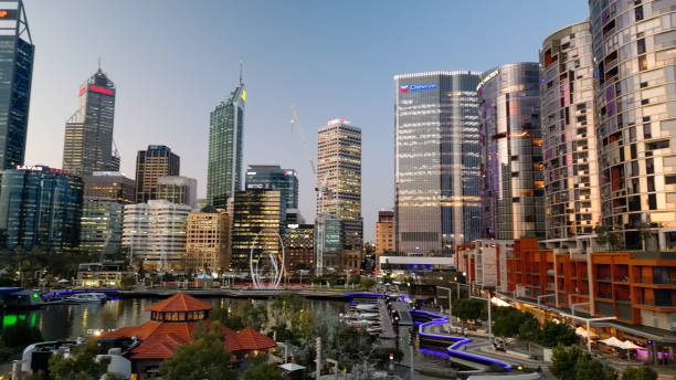 istock Aerial view of Perth skyline from Elisabeth Quay at sunset 1747954932
