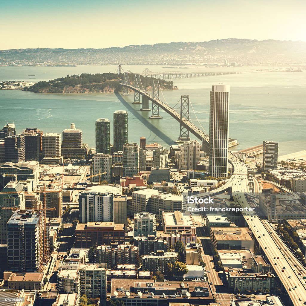 San francisco skyline aerial view with bay bridge in background  Crossroad Stock Photo