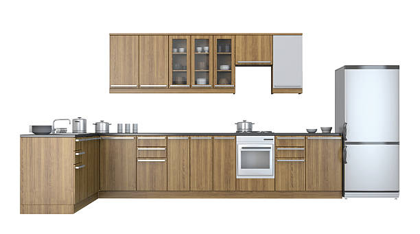 Modern kitchen interior with inegrated appliances and ceramic tiled walls and floor.