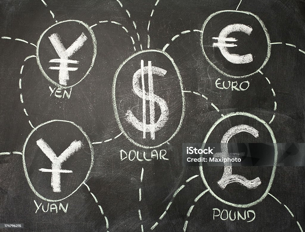 Economia globale: Collegato mondo valute simboli sulla lavagna - Illustrazione stock royalty-free di Affari